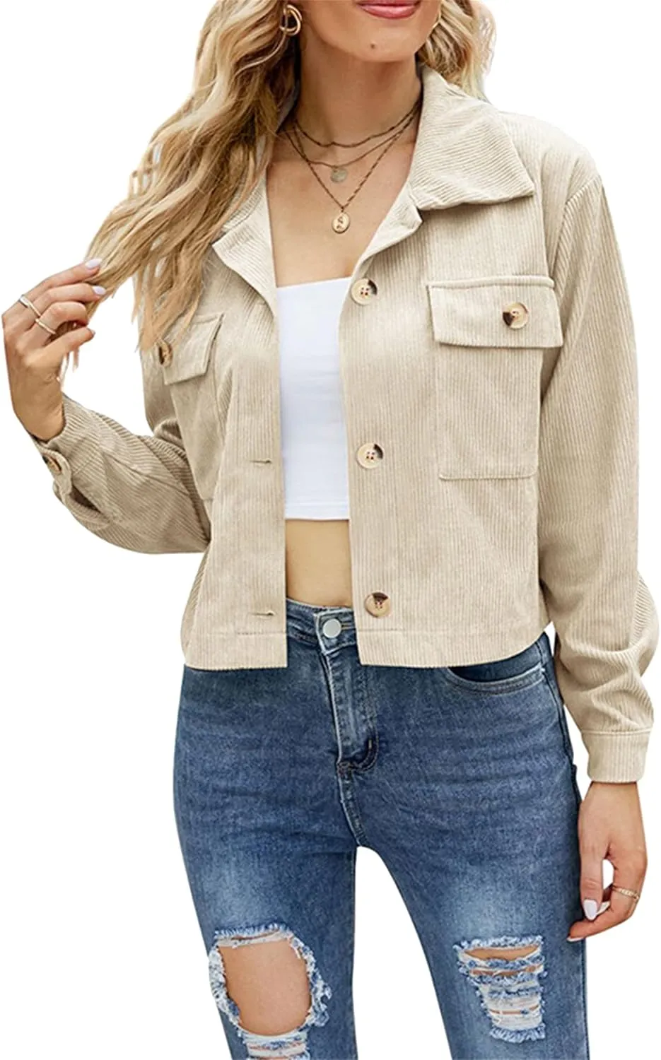 WIWIQS Women's Casual Corduroy Short Jackets Button Down Long Sleeve Shirts Jacket