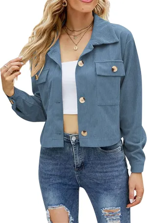 WIWIQS Women's Casual Corduroy Short Jackets Button Down Long Sleeve Shirts Jacket