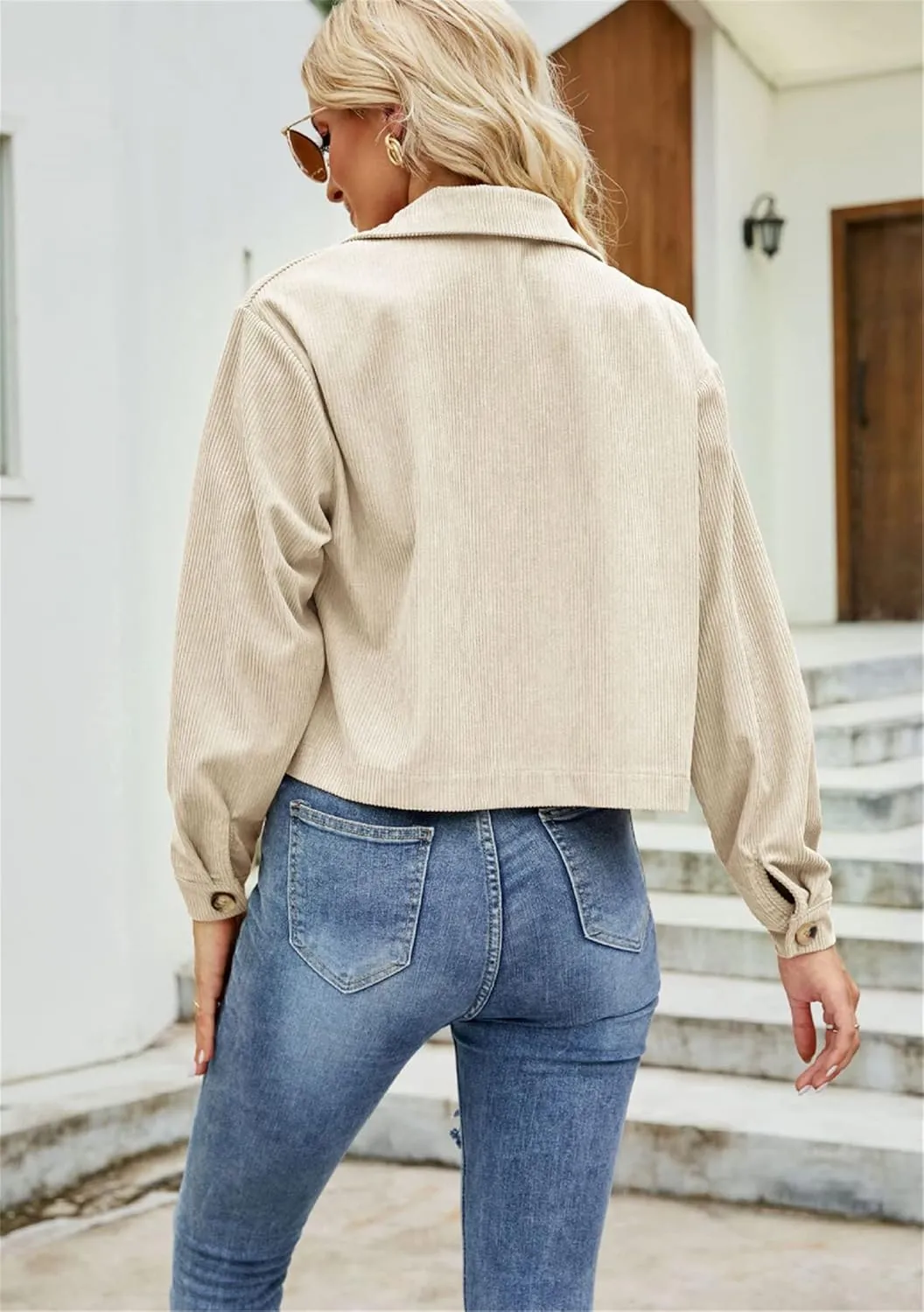 WIWIQS Women's Casual Corduroy Short Jackets Button Down Long Sleeve Shirts Jacket