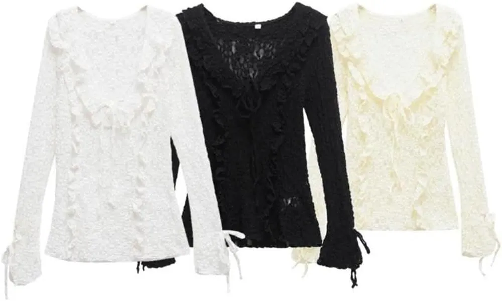 Woman Slim Lace Layered Decorative Long Sleeved Top O Neck Long Sleeve Shirts
