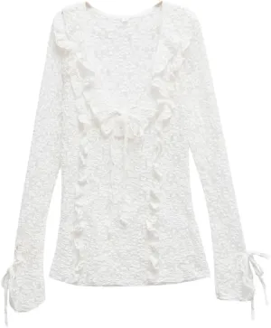 Woman Slim Lace Layered Decorative Long Sleeved Top O Neck Long Sleeve Shirts