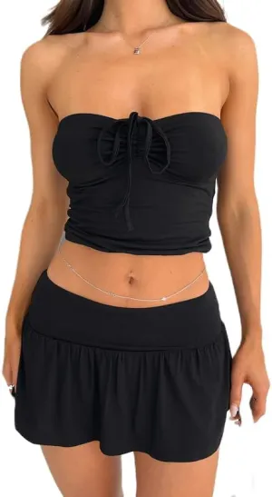 Women 2 Piece Mini Skirt Set Y2K Off Shoulder Tube Tops Ruffle Pleated Mini Skirts Night Party Outfit Set