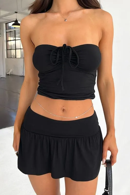 Women 2 Piece Mini Skirt Set Y2K Off Shoulder Tube Tops Ruffle Pleated Mini Skirts Night Party Outfit Set