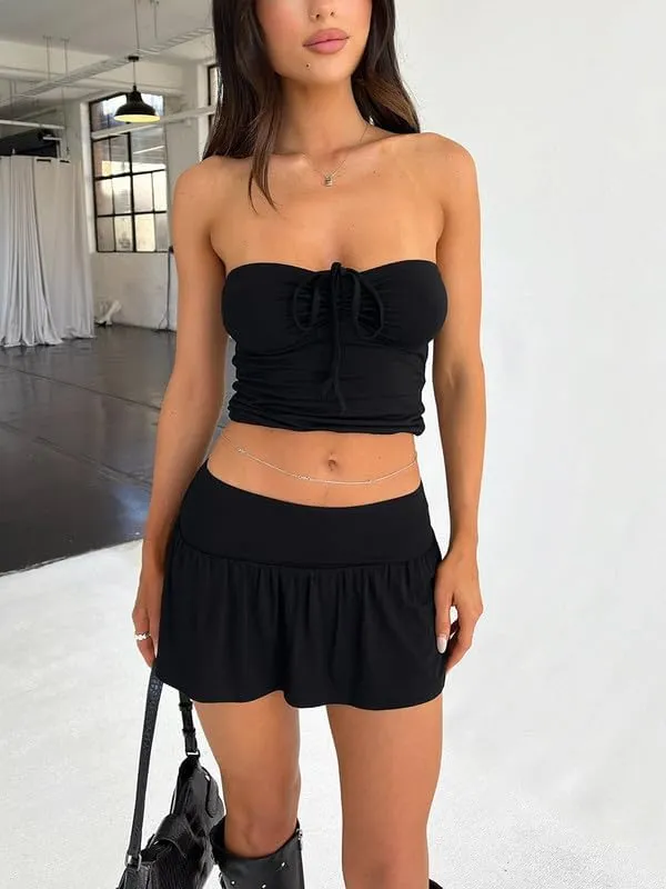 Women 2 Piece Mini Skirt Set Y2K Off Shoulder Tube Tops Ruffle Pleated Mini Skirts Night Party Outfit Set
