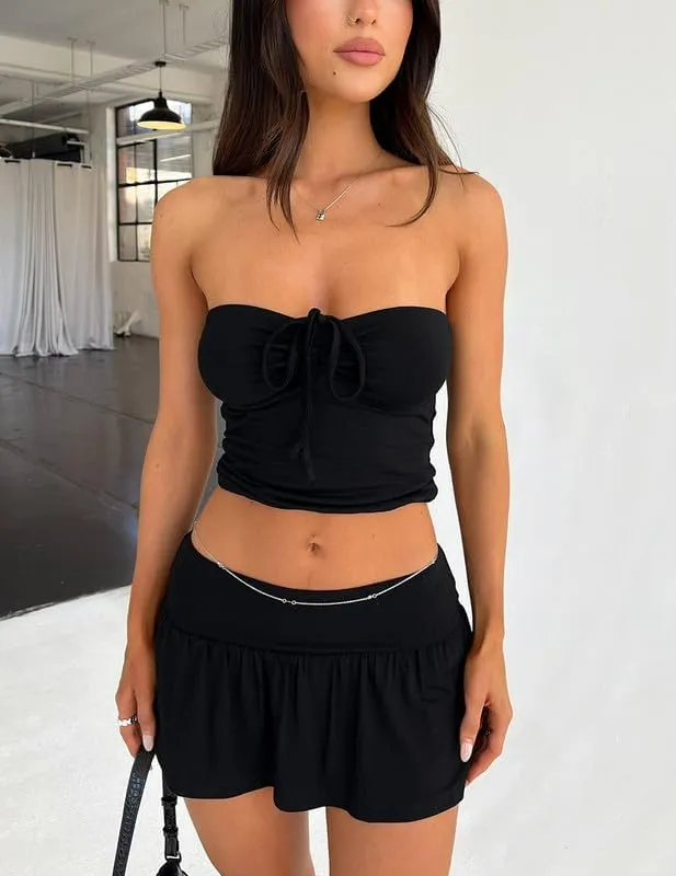 Women 2 Piece Mini Skirt Set Y2K Off Shoulder Tube Tops Ruffle Pleated Mini Skirts Night Party Outfit Set
