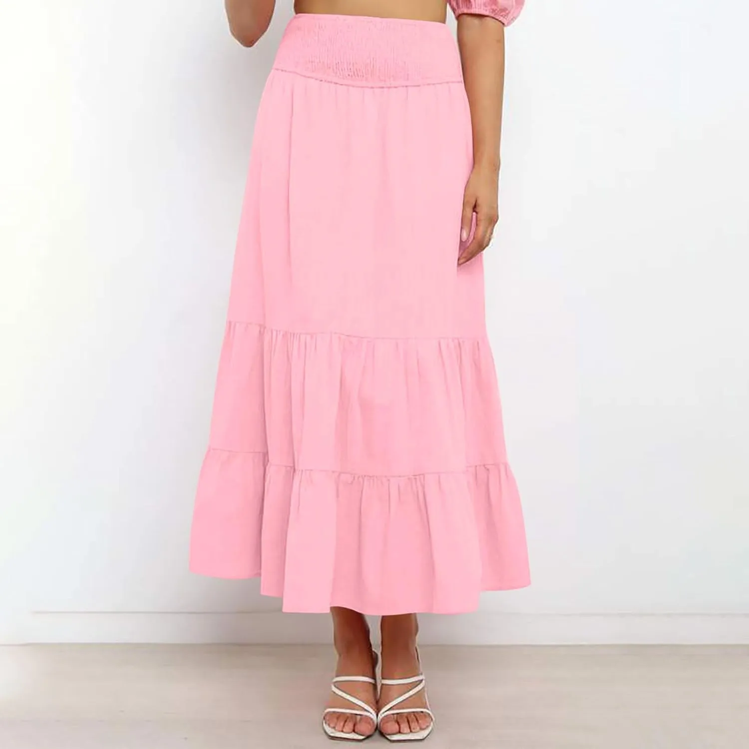 Women A-Line Pleated Elastic High Waist Maxi Skirt Ankle Length Flowy Swing Elegant Dressy Casual Work Long Skirts