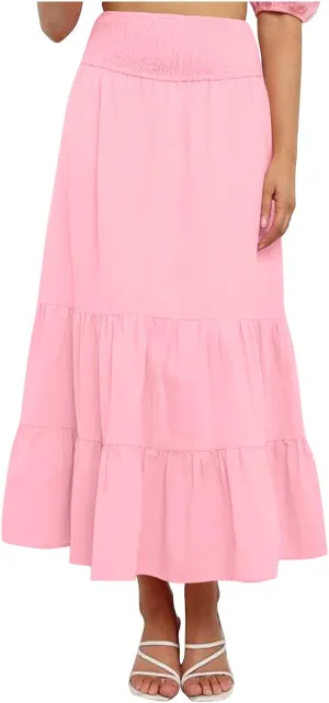 Women A-Line Pleated Elastic High Waist Maxi Skirt Ankle Length Flowy Swing Elegant Dressy Casual Work Long Skirts
