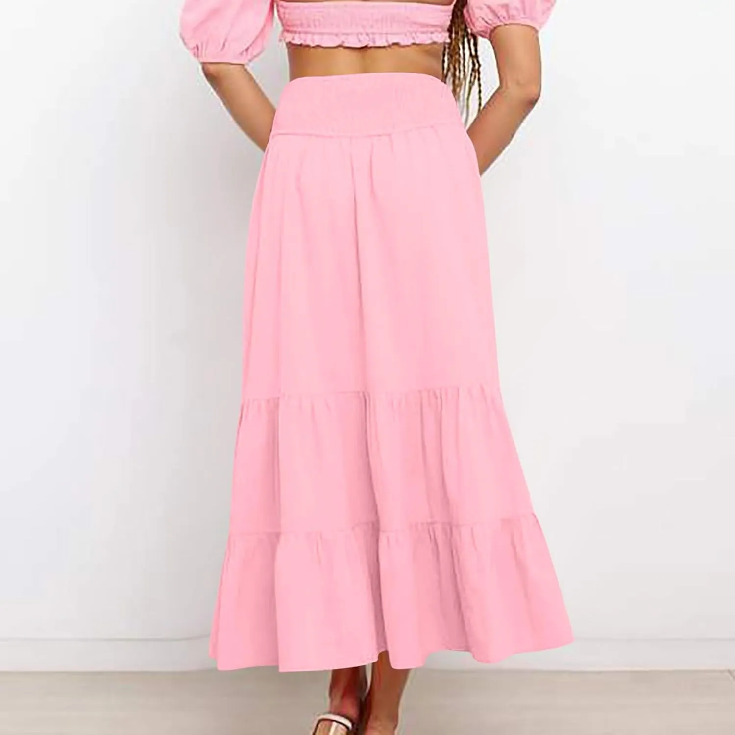 Women A-Line Pleated Elastic High Waist Maxi Skirt Ankle Length Flowy Swing Elegant Dressy Casual Work Long Skirts