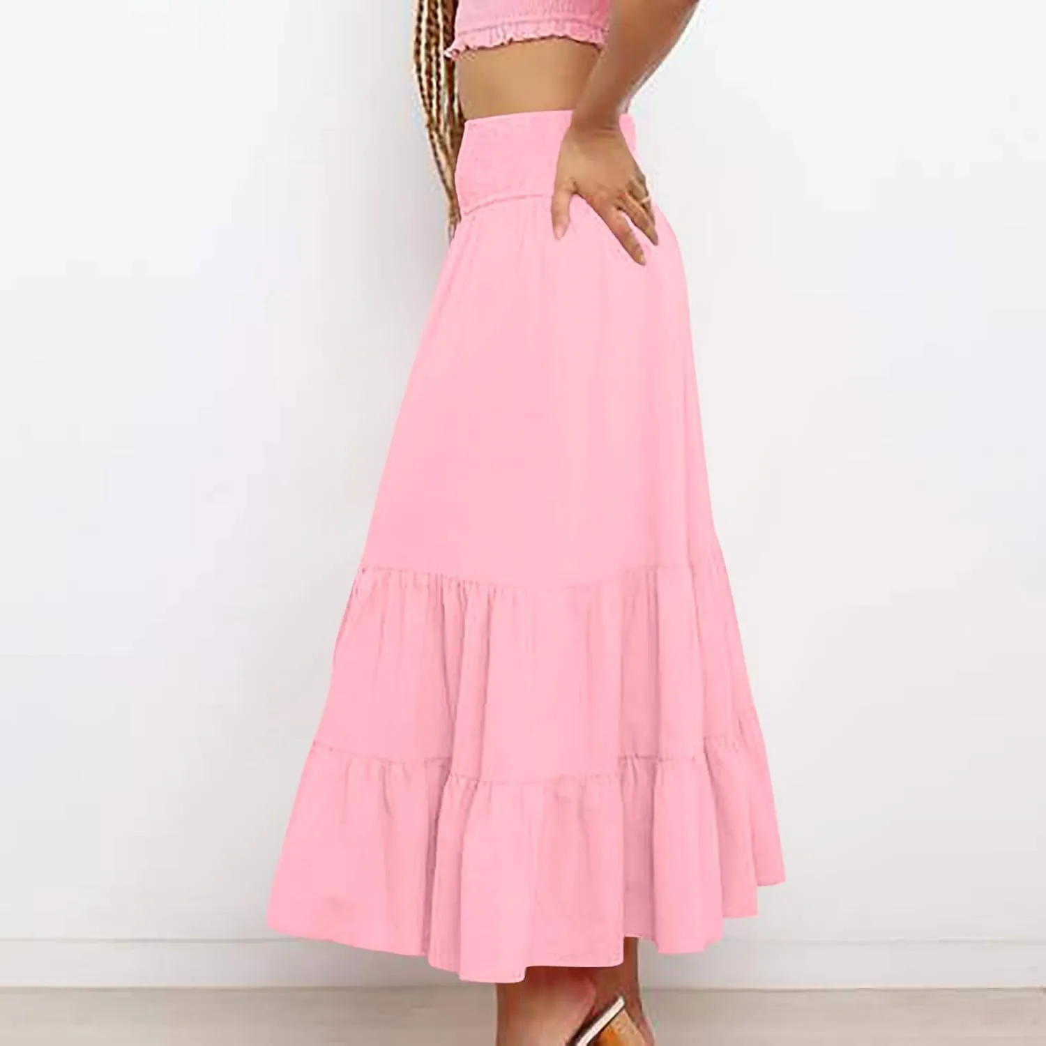 Women A-Line Pleated Elastic High Waist Maxi Skirt Ankle Length Flowy Swing Elegant Dressy Casual Work Long Skirts