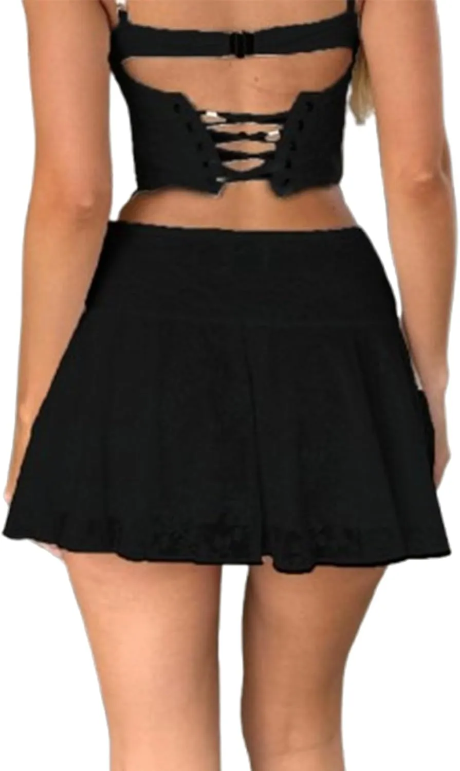 Women Aesthetic Lace Mini Skirt Low Rise Pleated Ruffle Layered Flowy Short Skirt Teen Girls Asymmetrical Half Slip Skirt