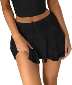 Women Aesthetic Lace Mini Skirt Low Rise Pleated Ruffle Layered Flowy Short Skirt Teen Girls Asymmetrical Half Slip Skirt