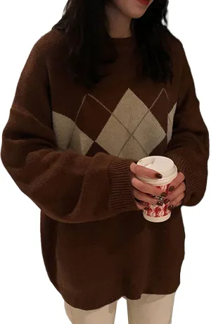 Women Argyle Oversized Sweaters Casual Crew Neck Geometric Pattern Knitted Pullovers Jumper Vintage Streetwear