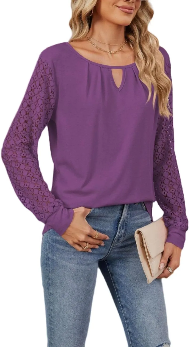 Women Autumn Winter Blouses, Solid Color Lace Patchwork Loose Long Sleeve Shirts, Lace Patchwork T-Shirt