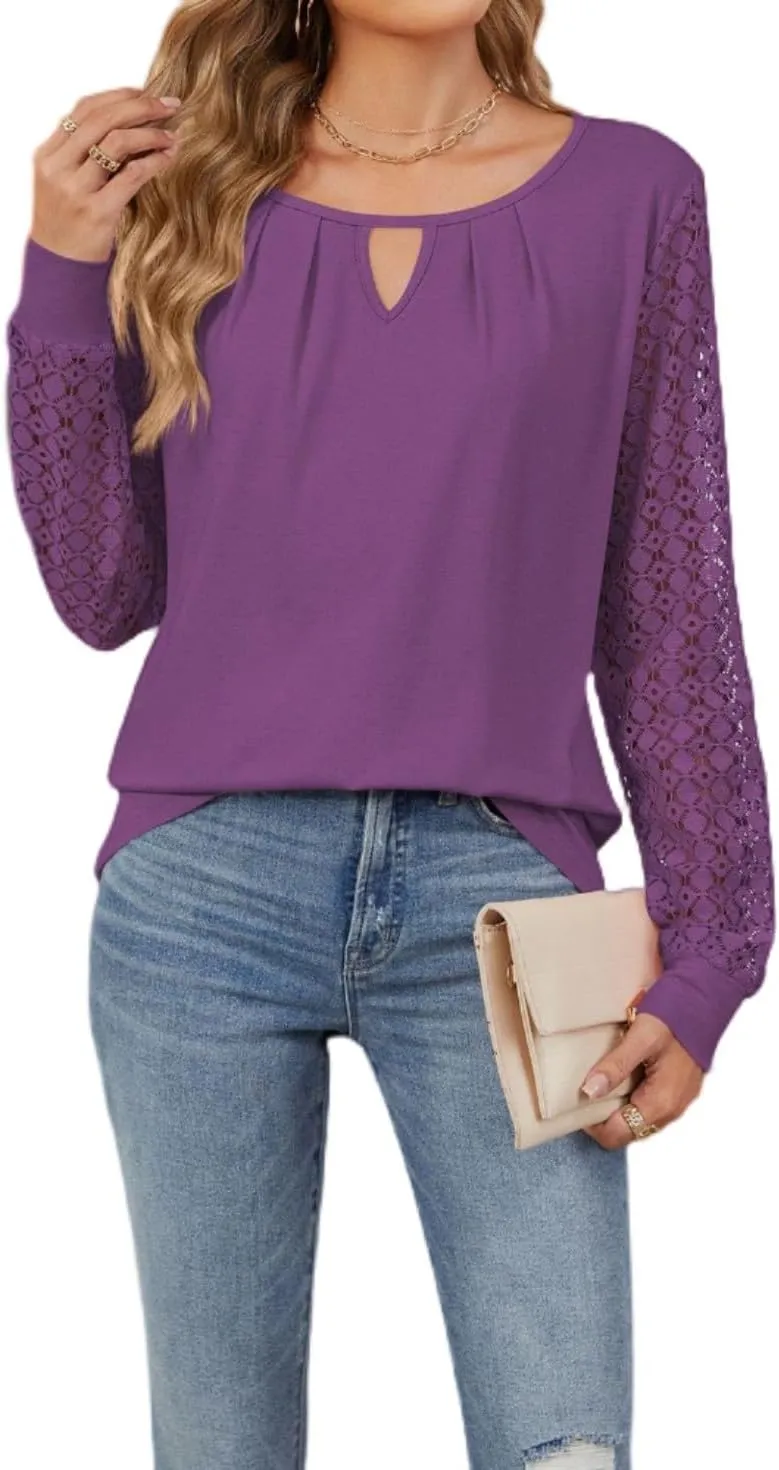 Women Autumn Winter Blouses, Solid Color Lace Patchwork Loose Long Sleeve Shirts, Lace Patchwork T-Shirt