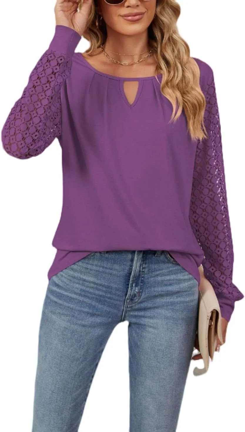 Women Autumn Winter Blouses, Solid Color Lace Patchwork Loose Long Sleeve Shirts, Lace Patchwork T-Shirt