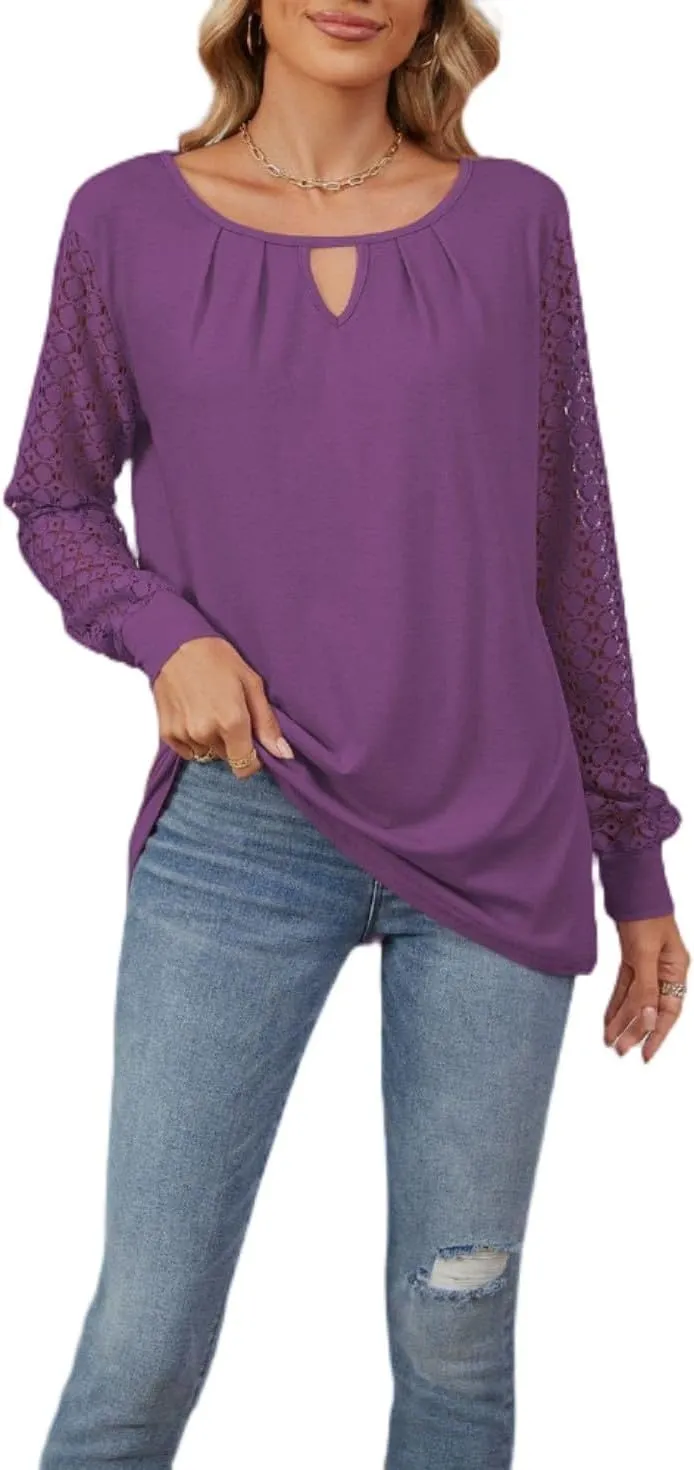 Women Autumn Winter Blouses, Solid Color Lace Patchwork Loose Long Sleeve Shirts, Lace Patchwork T-Shirt