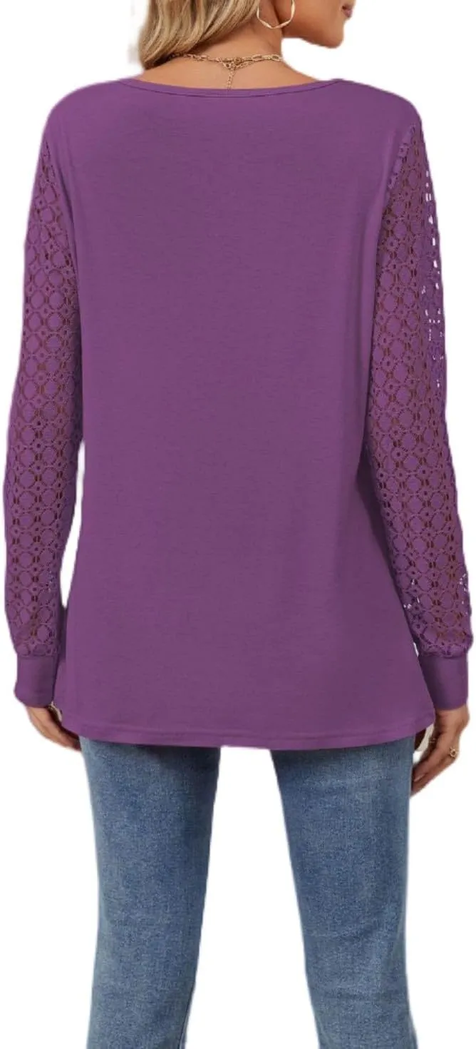 Women Autumn Winter Blouses, Solid Color Lace Patchwork Loose Long Sleeve Shirts, Lace Patchwork T-Shirt