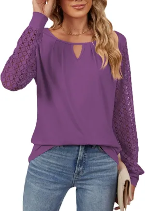 Women Autumn Winter Blouses, Solid Color Lace Patchwork Loose Long Sleeve Shirts, Lace Patchwork T-Shirt