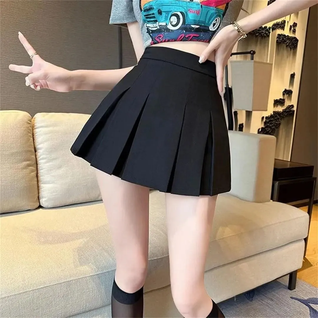 Women Black Pleated Mini Skirt High Waist Sweet A Line Skirt Streetwear Solid Skirts