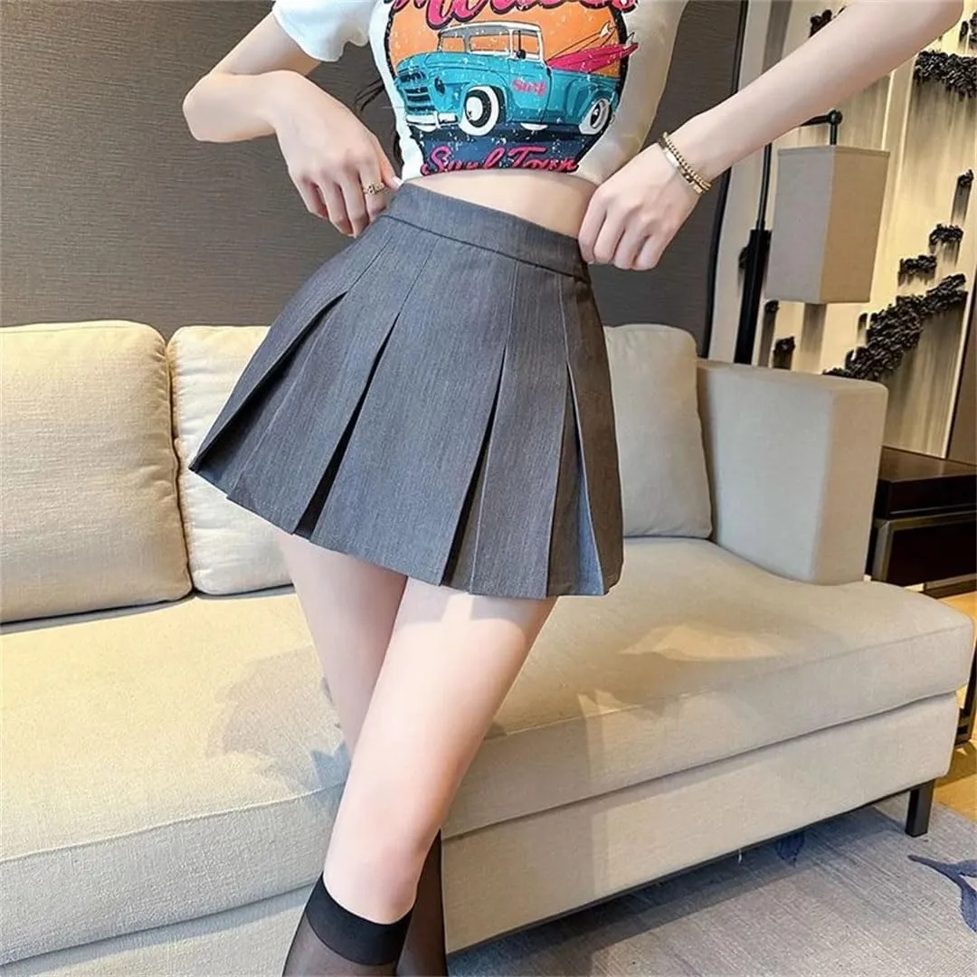 Women Black Pleated Mini Skirt High Waist Sweet A Line Skirt Streetwear Solid Skirts