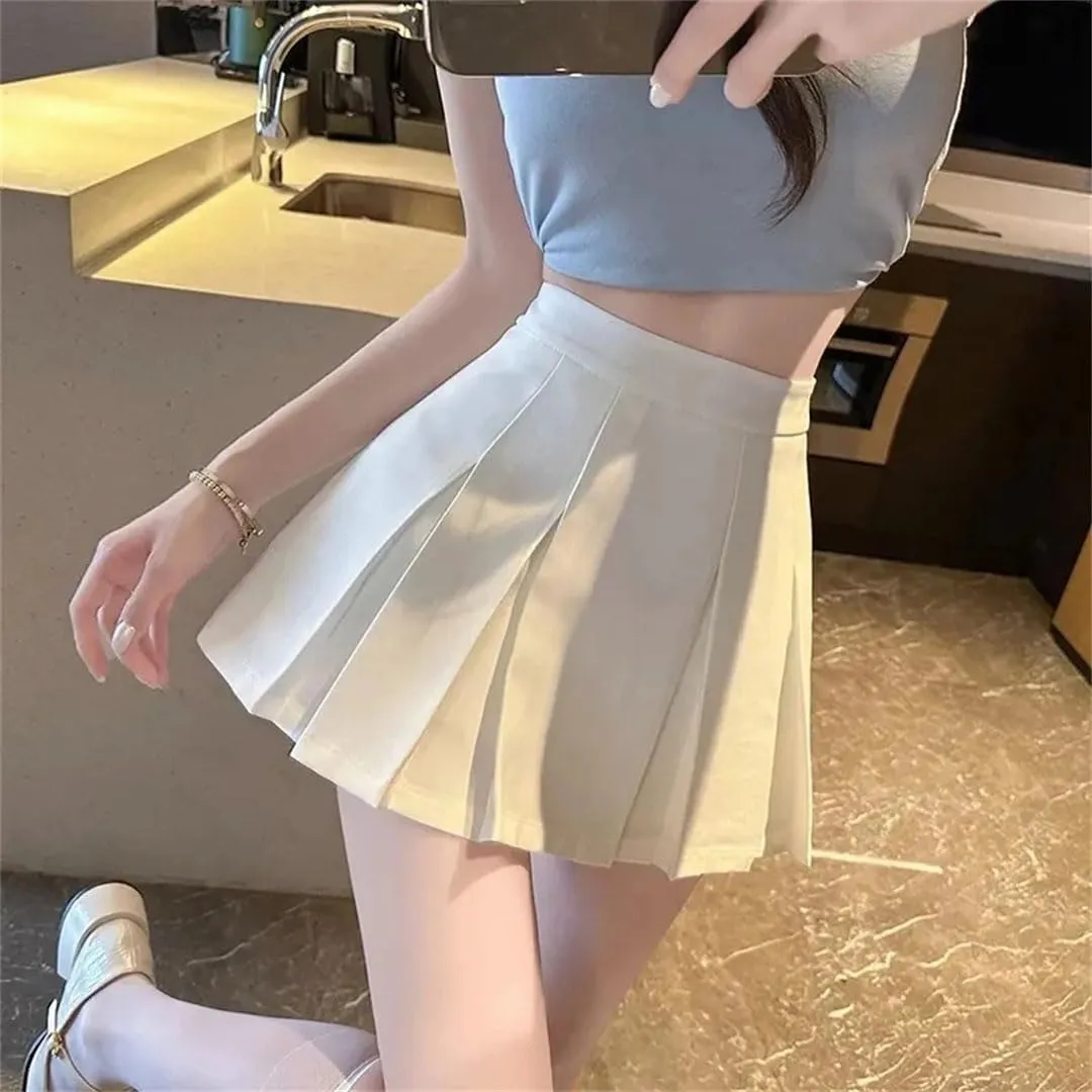 Women Black Pleated Mini Skirt High Waist Sweet A Line Skirt Streetwear Solid Skirts