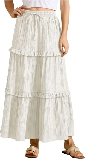 Women Boho Elastic High Waist Pleated A-Line Skirts Flowy Swing Tiered Maxi Long Skirt Dress Summer Trendy