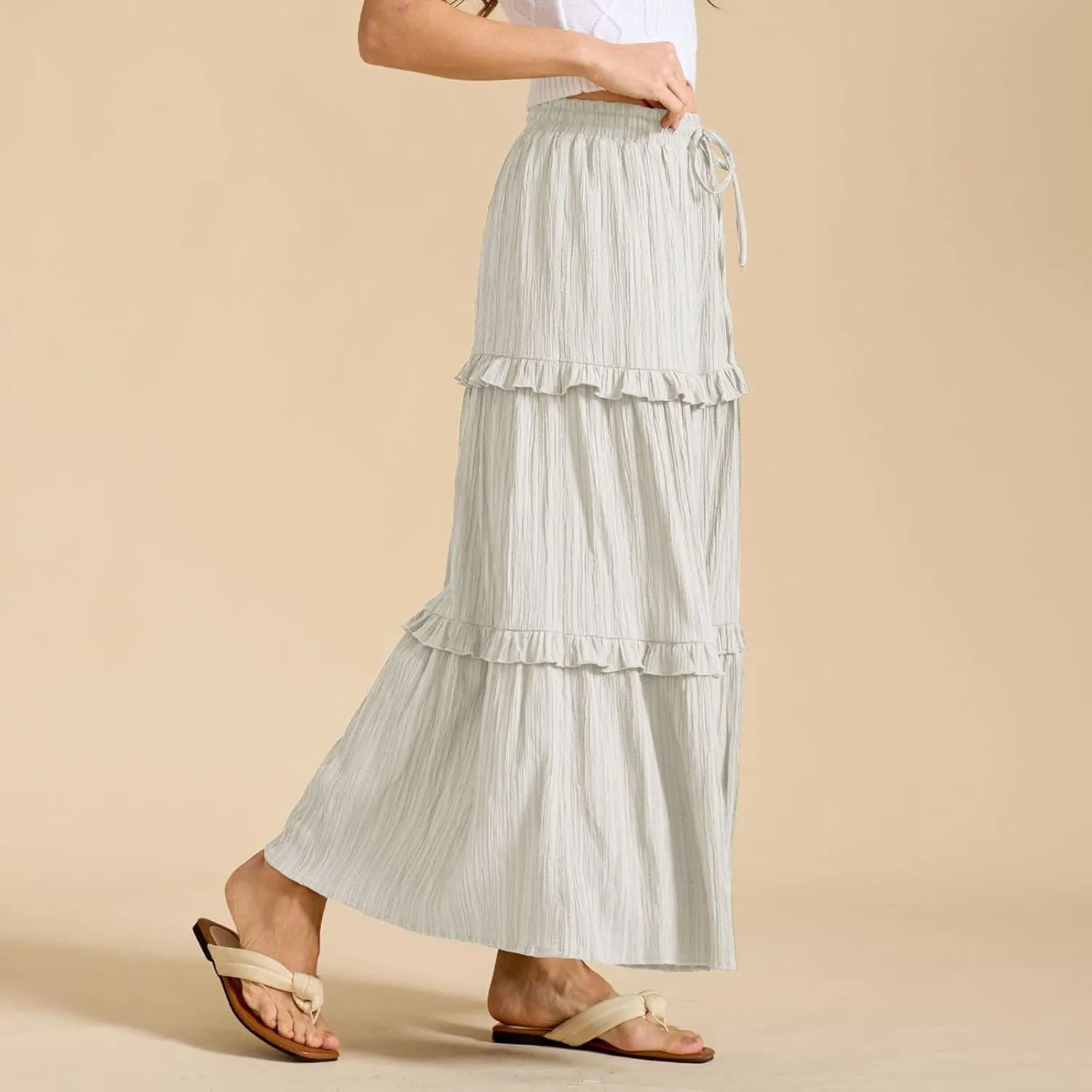 Women Boho Elastic High Waist Pleated A-Line Skirts Flowy Swing Tiered Maxi Long Skirt Dress Summer Trendy