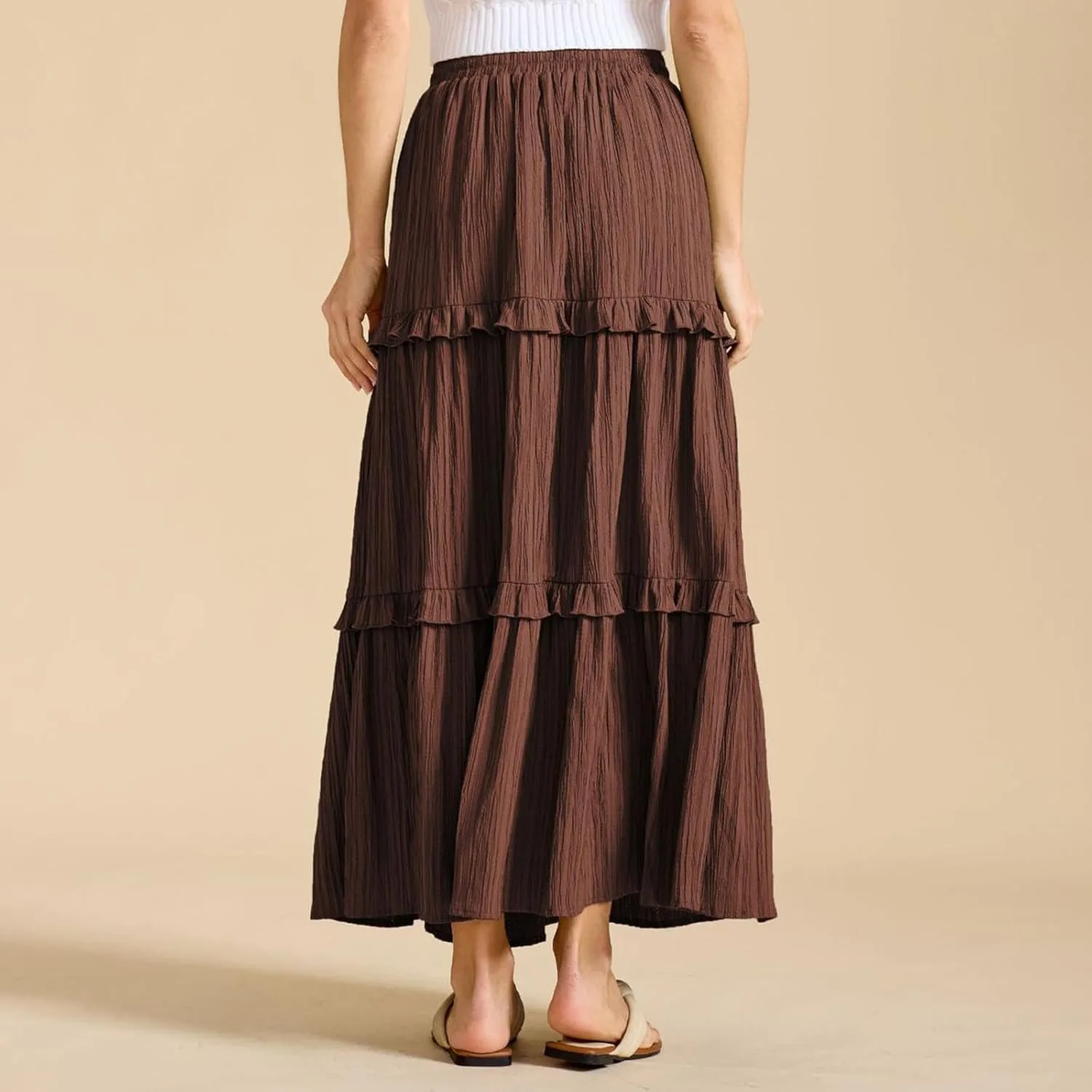Women Boho Elastic High Waist Pleated A-Line Skirts Flowy Swing Tiered Maxi Long Skirt Dress Summer Trendy