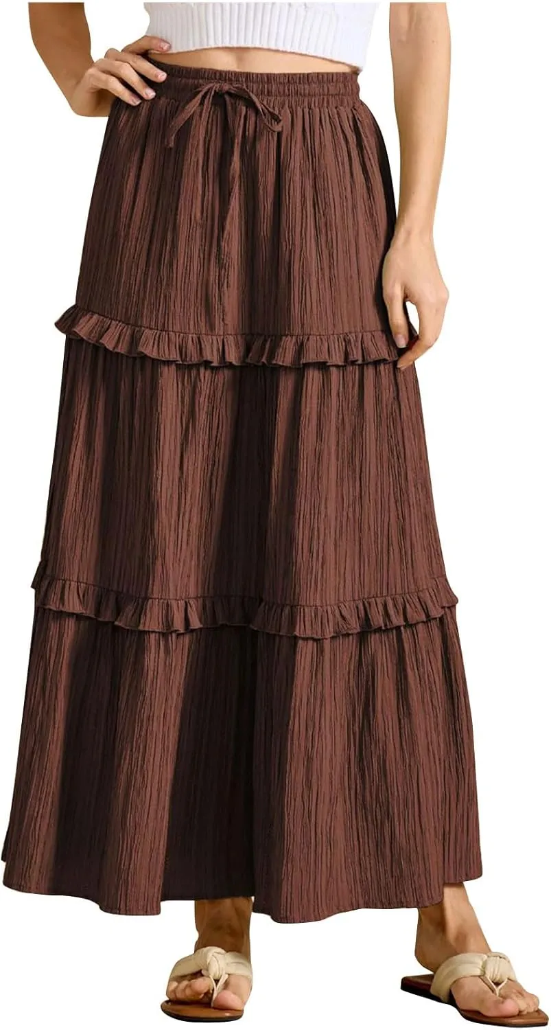 Women Boho Elastic High Waist Pleated A-Line Skirts Flowy Swing Tiered Maxi Long Skirt Dress Summer Trendy