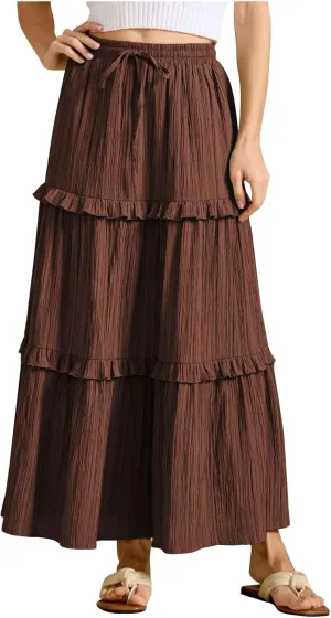 Women Boho Elastic High Waist Pleated A-Line Skirts Flowy Swing Tiered Maxi Long Skirt Dress Summer Trendy