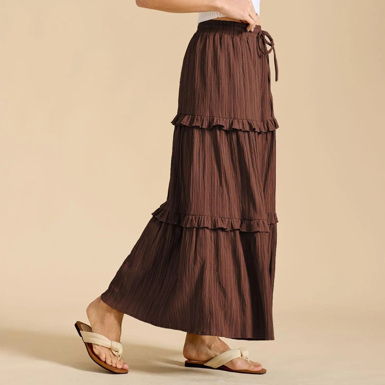 Women Boho Elastic High Waist Pleated A-Line Skirts Flowy Swing Tiered Maxi Long Skirt Dress Summer Trendy