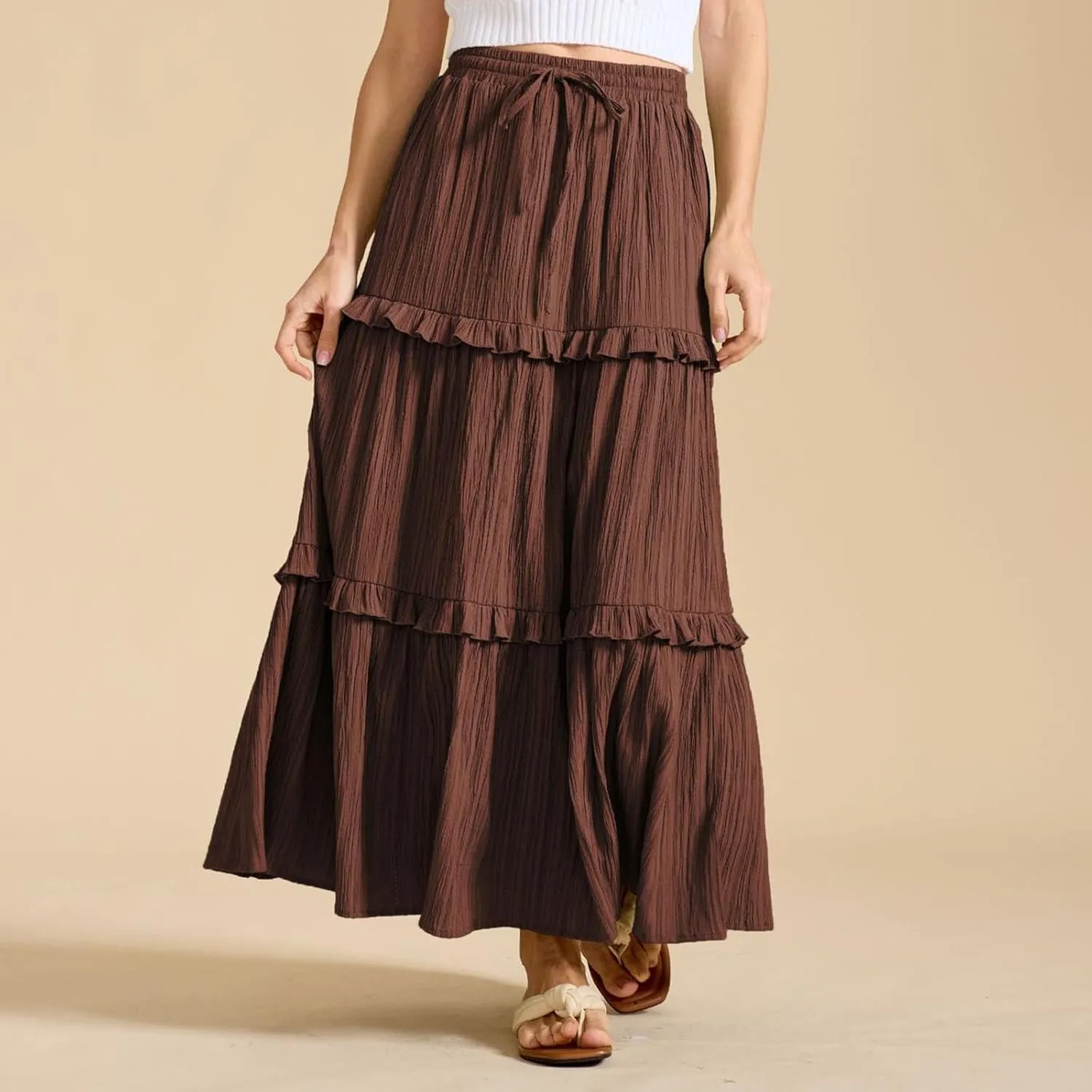Women Boho Elastic High Waist Pleated A-Line Skirts Flowy Swing Tiered Maxi Long Skirt Dress Summer Trendy