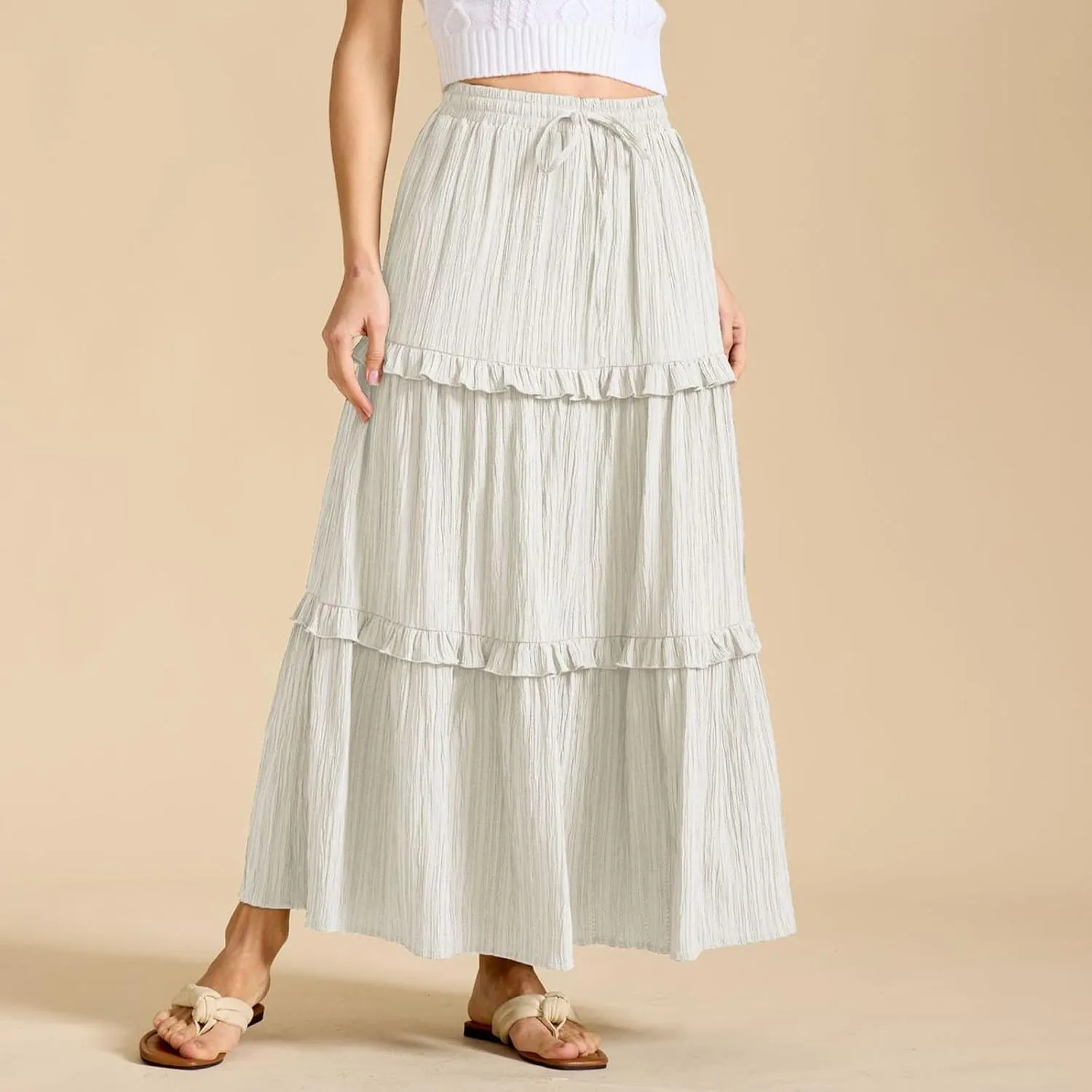 Women Boho Elastic High Waist Pleated A-Line Skirts Flowy Swing Tiered Maxi Long Skirt Dress Summer Trendy