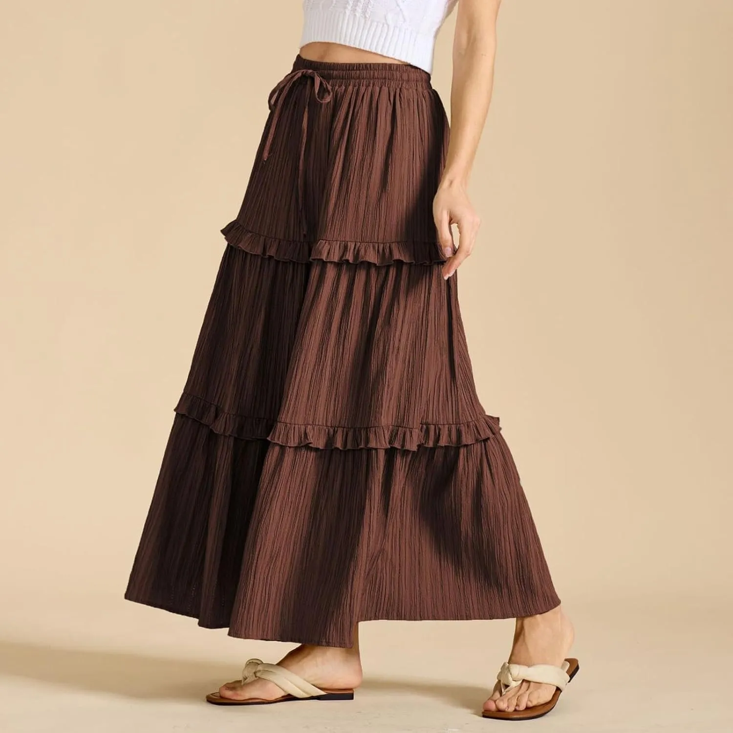 Women Boho Elastic High Waist Pleated A-Line Skirts Flowy Swing Tiered Maxi Long Skirt Dress Summer Trendy