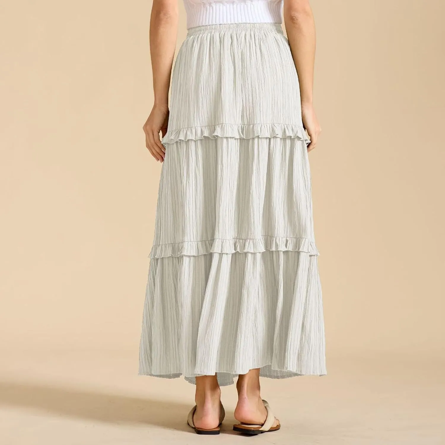 Women Boho Elastic High Waist Pleated A-Line Skirts Flowy Swing Tiered Maxi Long Skirt Dress Summer Trendy
