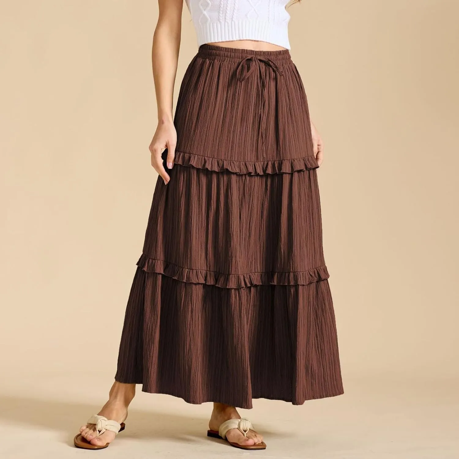 Women Boho Elastic High Waist Pleated A-Line Skirts Flowy Swing Tiered Maxi Long Skirt Dress Summer Trendy