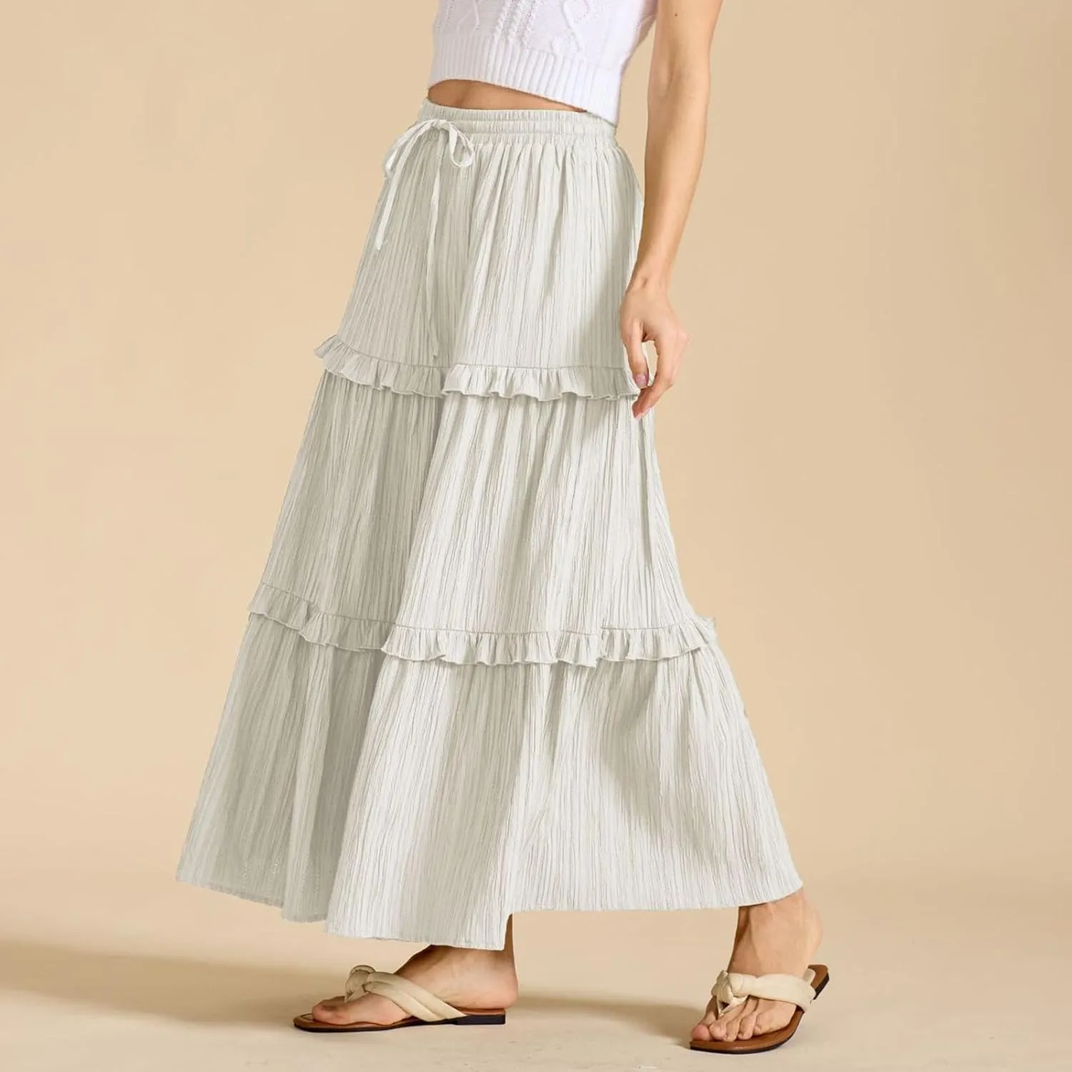 Women Boho Elastic High Waist Pleated A-Line Skirts Flowy Swing Tiered Maxi Long Skirt Dress Summer Trendy