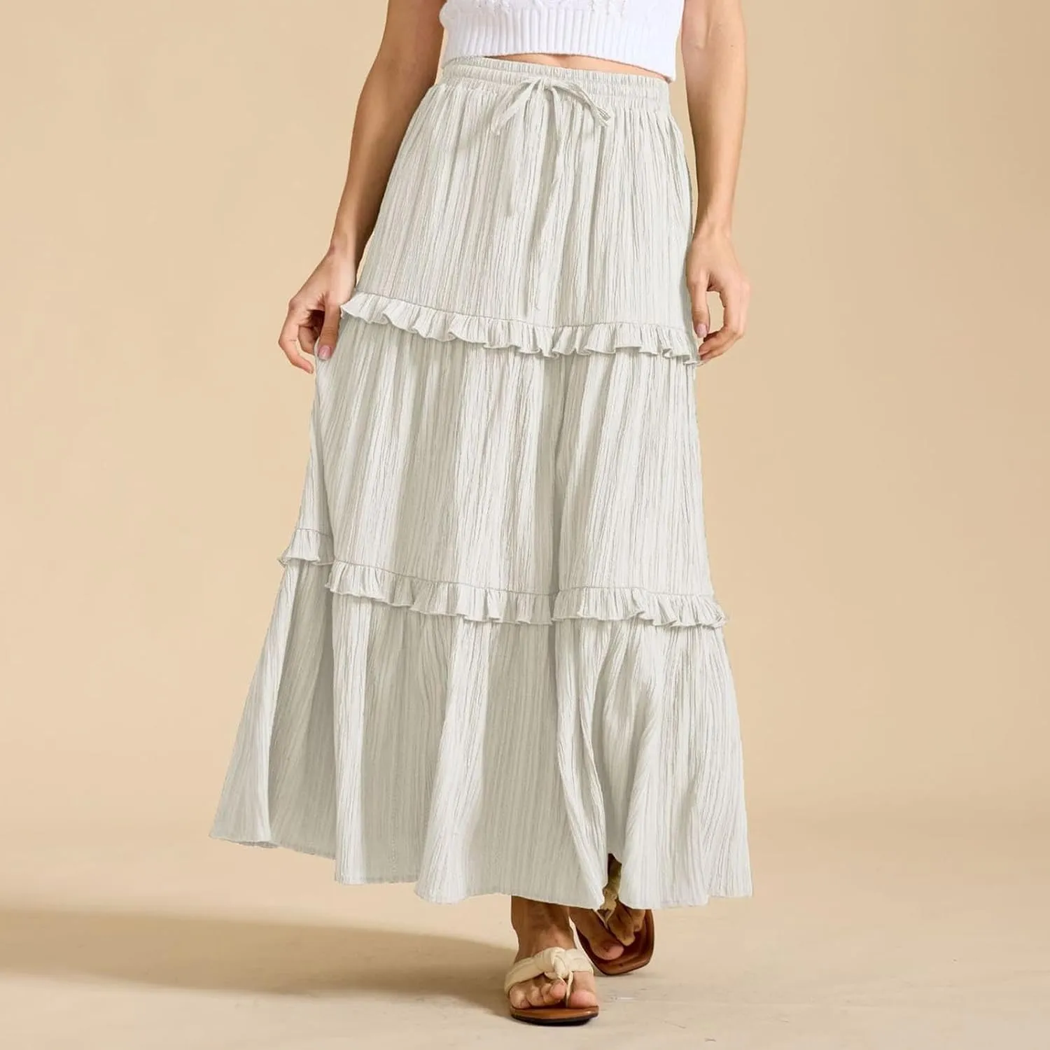 Women Boho Elastic High Waist Pleated A-Line Skirts Flowy Swing Tiered Maxi Long Skirt Dress Summer Trendy