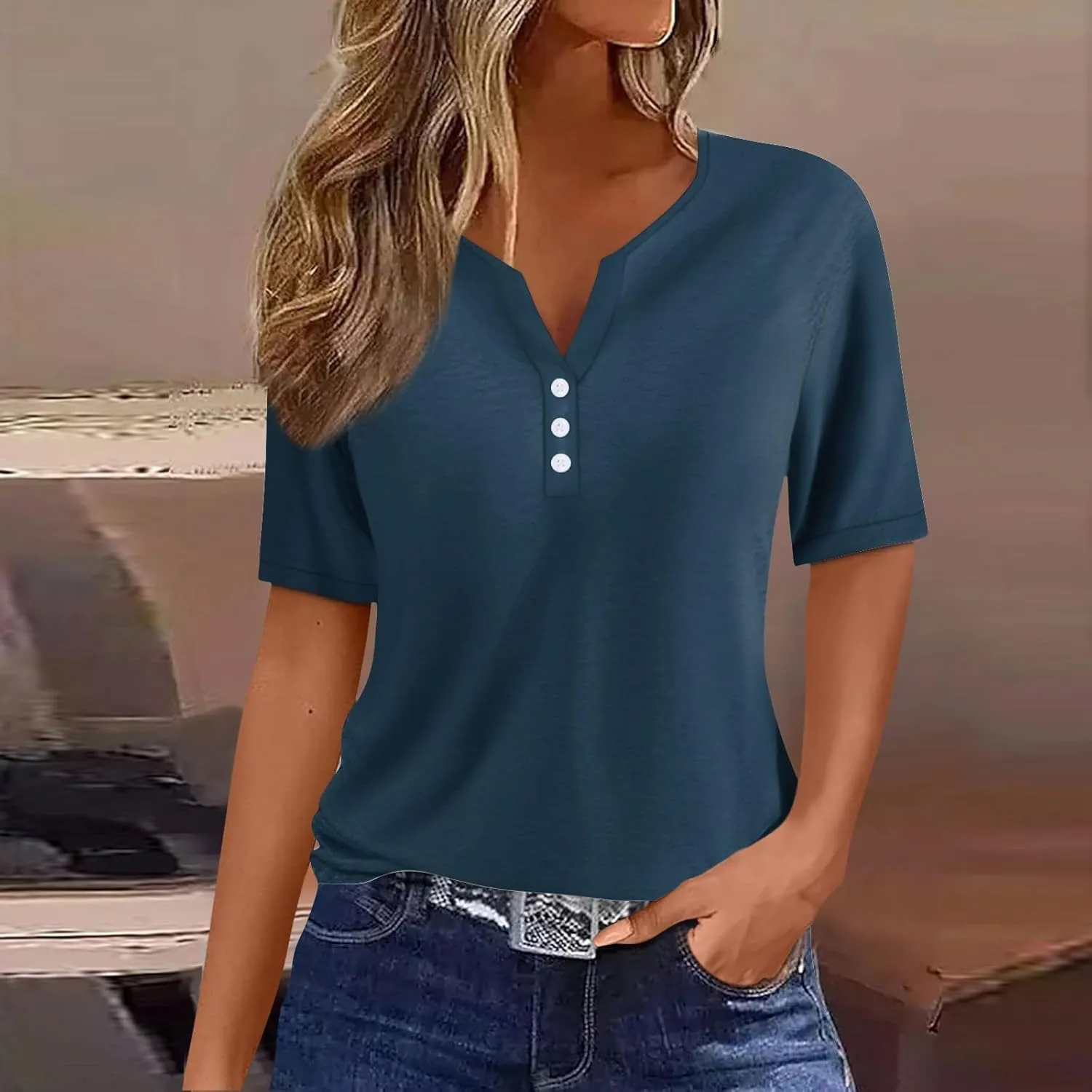 Women Button Down Shirt Henley Summer Tops V Neck Short Sleeve Blouses Trendy Graphic Tees Workout Outfits