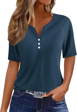 Women Button Down Shirt Henley Summer Tops V Neck Short Sleeve Blouses Trendy Graphic Tees Workout Outfits