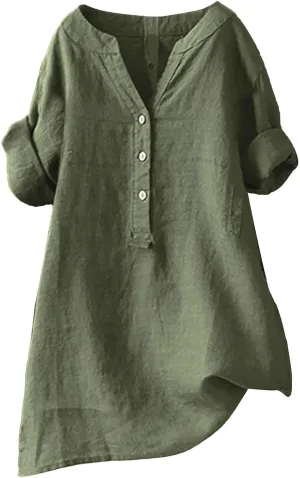 Women Button Up Shirt V Neck Short Sleeve Linen Summer Casual Work Blouse Top Loose Fit Tee Shirt