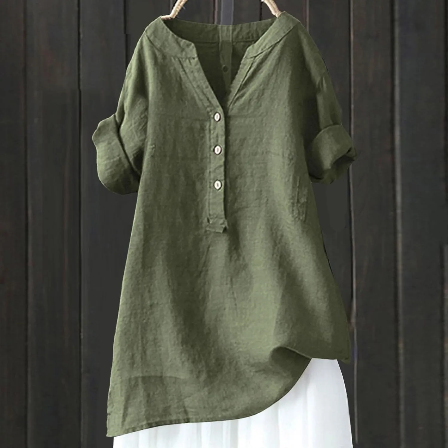 Women Button Up Shirt V Neck Short Sleeve Linen Summer Casual Work Blouse Top Loose Fit Tee Shirt