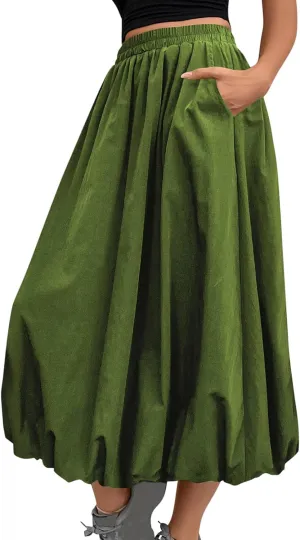 Women Casual Midi Skirts 2025 Summer Trendy Solid Color Elastic Waist Flowy A-Line Versatile Skirt with Pocket