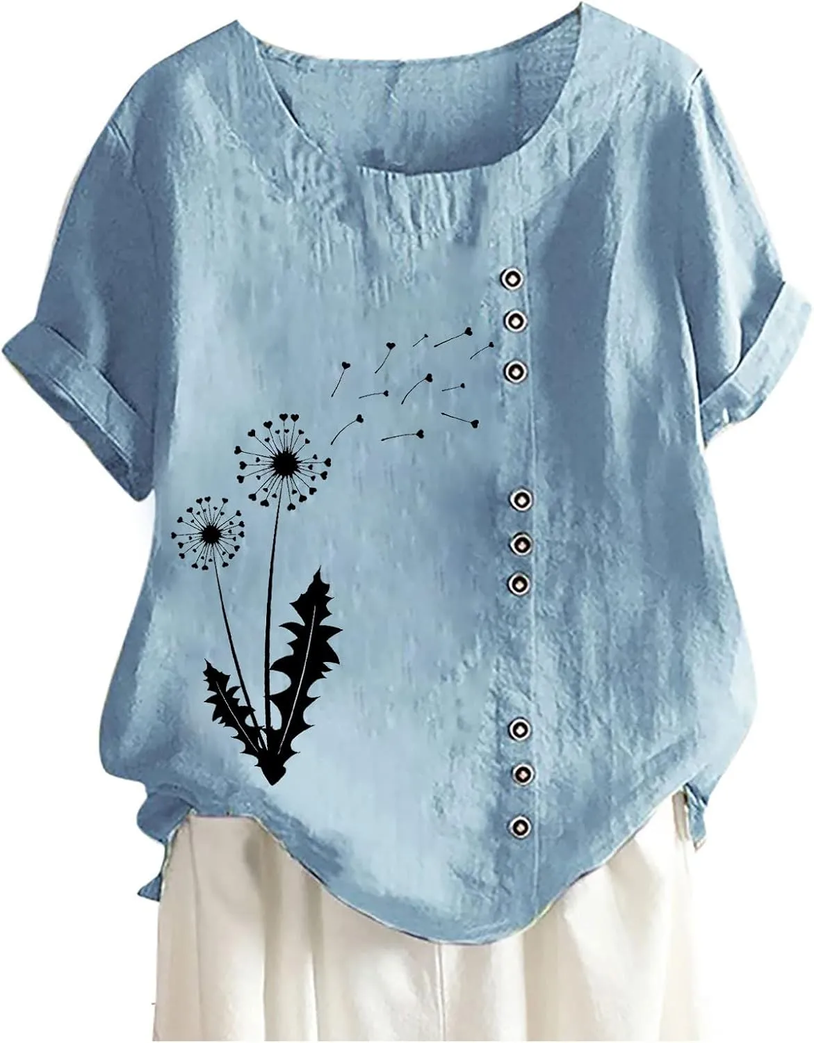 Women Casual Summer Tops Short Sleeve Crewneck Gauze T Shirt Loose Floral Graphic Linen Shirts Fashion Ladies Clothes