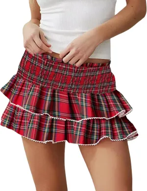 Women Christmas Lace Ruffle Mini Skirt Plaid Pleated Lace Short Skirts Y2k Gingham Skirts Teen Girls Streetwear