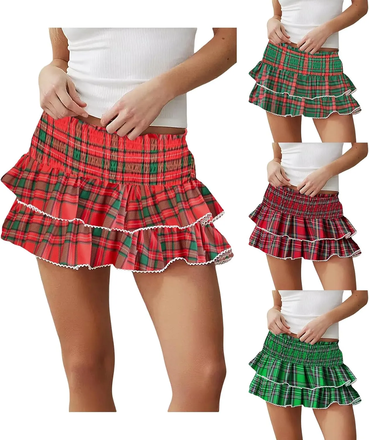 Women Christmas Lace Ruffle Mini Skirt Plaid Pleated Lace Short Skirts Y2k Gingham Skirts Teen Girls Streetwear