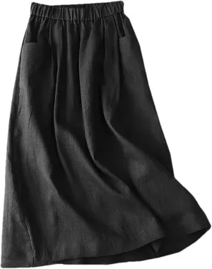 Women Cotton A Line Skirt Summer Elastic Waist Casual Holiday Skirt with Side Pockets