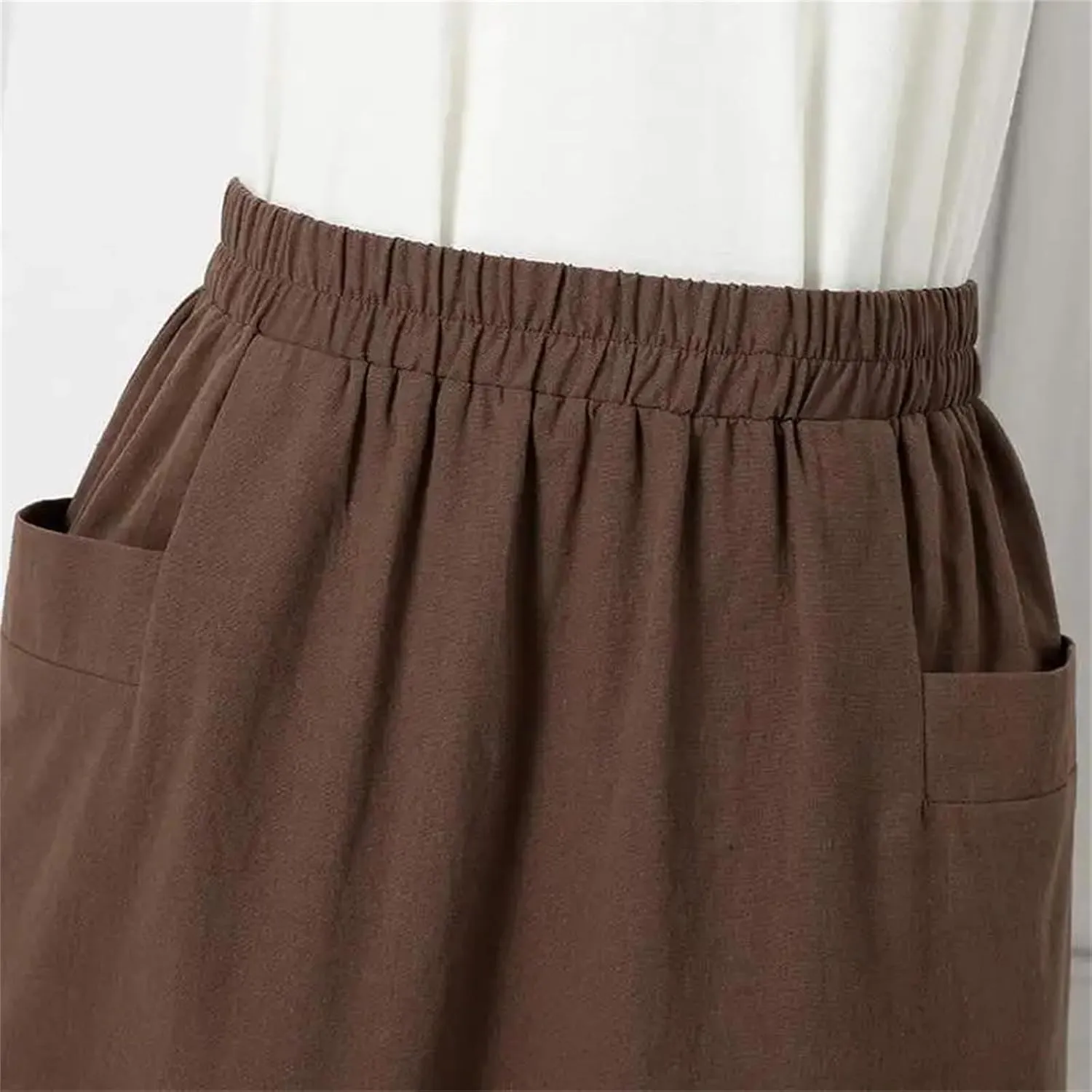 Women Cotton A Line Skirt Summer Elastic Waist Casual Holiday Skirt with Side Pockets