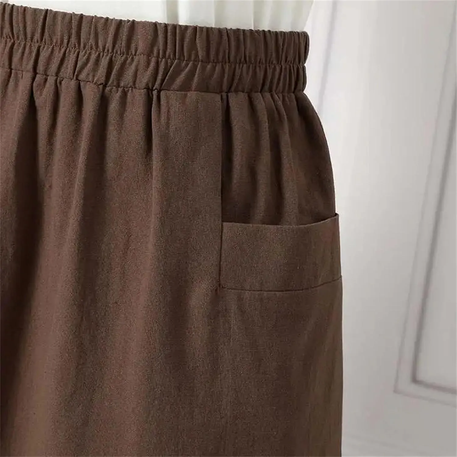 Women Cotton A Line Skirt Summer Elastic Waist Casual Holiday Skirt with Side Pockets