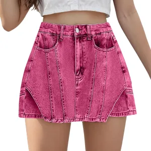 Women Denim Shorts Skirt Summer High Waist Vintage Button Up Fashion A-Line Skirt